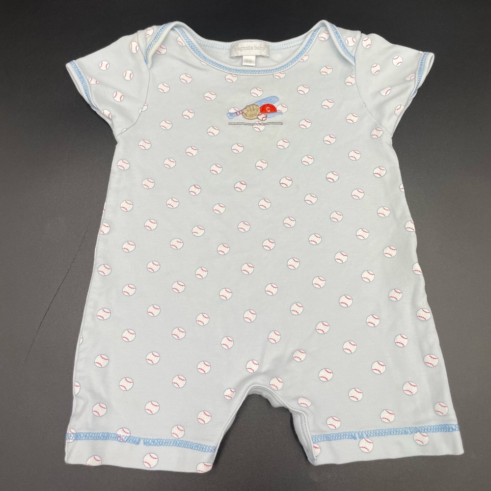 Magnolia Baby Light Blue Baseball Print One-Piece Romper